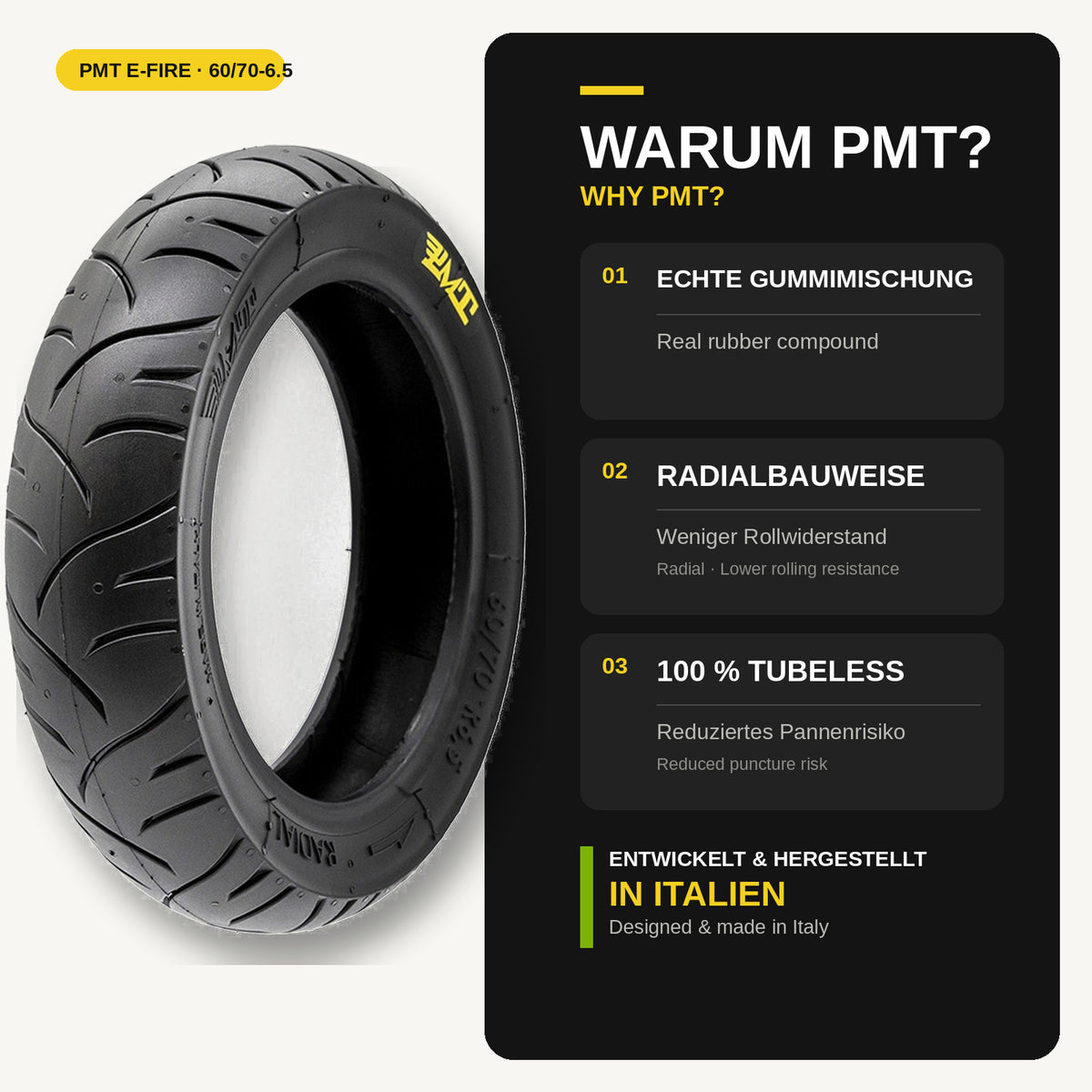 PMT E-Fire Vorteile – echte Gummimischung, Radialbauweise, tubeless, Made in Italy